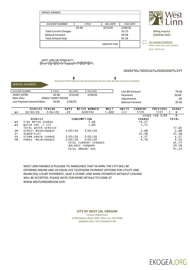 USA Oregon City of West Linn utility bill template in Word and PDF format